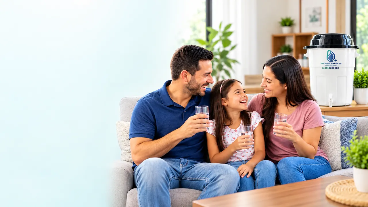 Papá, mamá e hija sonríen en la sala con vasos de agua; al fondo, un filtro purificador Polaris Express blanco