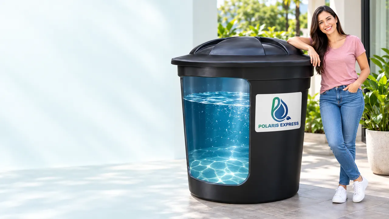 Persona sonriente junto a un tanque plástico negro para agua con el logo de Polaris Express