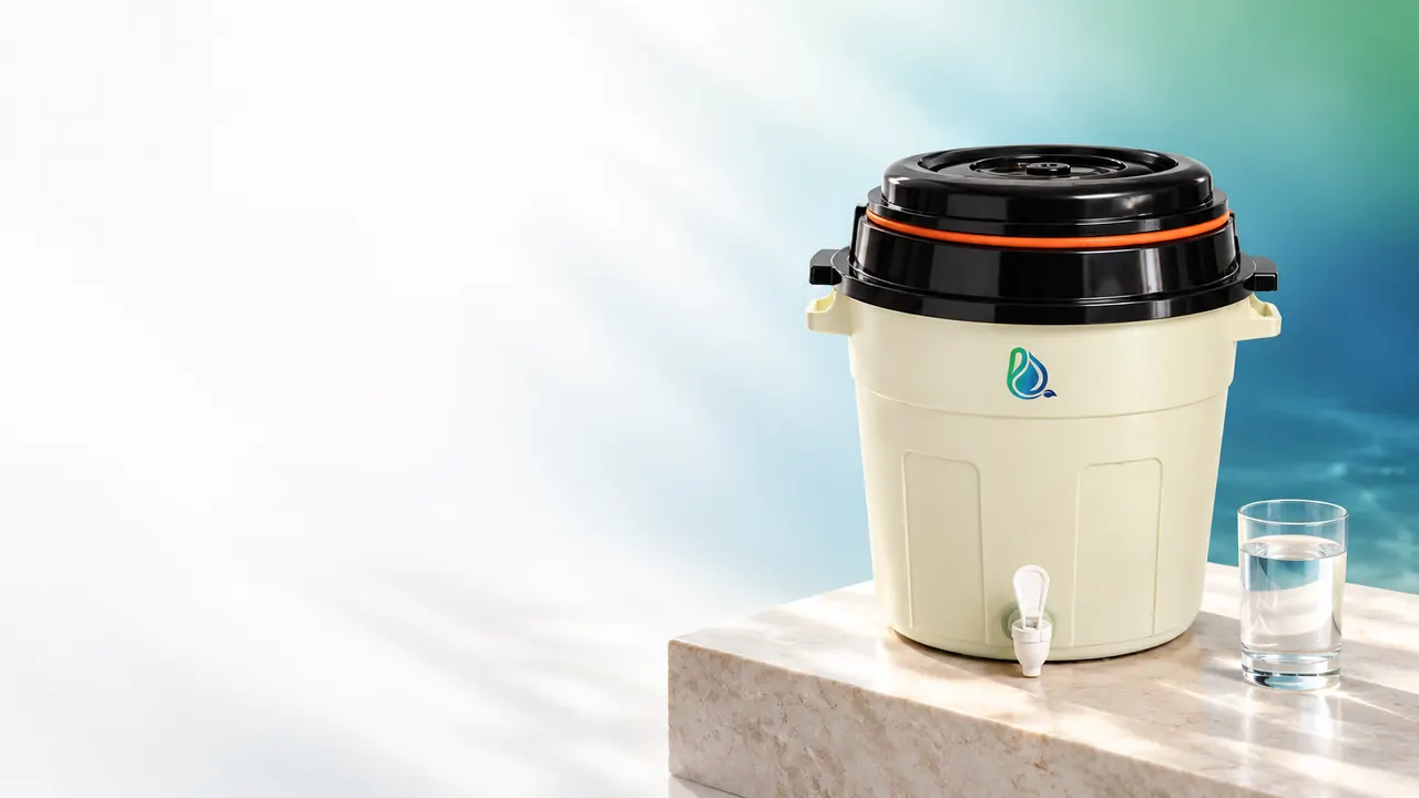 Purificador Polaris Express color crema sobre un bloque de mármol, junto a un vaso de agua, con un fondo de agua azul y verde