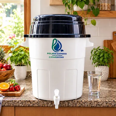 Filtro purificador Polaris Express blanco con tapa negra, sobre un mesón de cocina junto a un vaso de agua