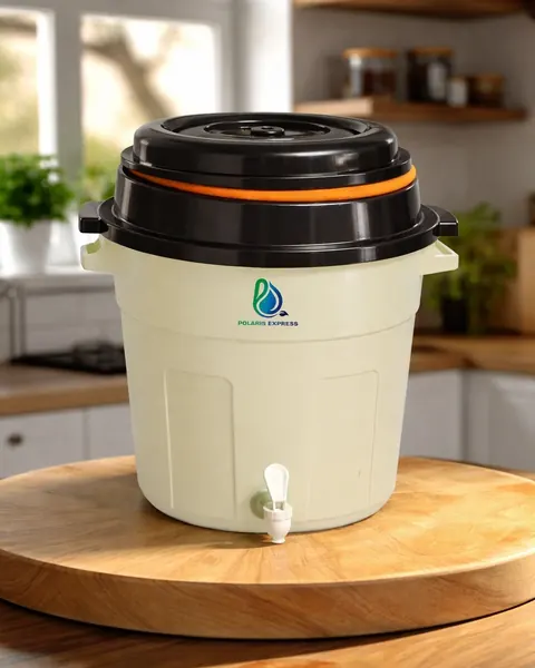 Purificador Polaris Express color crema sobre una tabla de madera, en una cocina