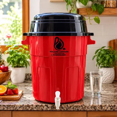 Filtro purificador Polaris Express rojo con tapa negra, sobre un mesón de cocina junto a un vaso de agua