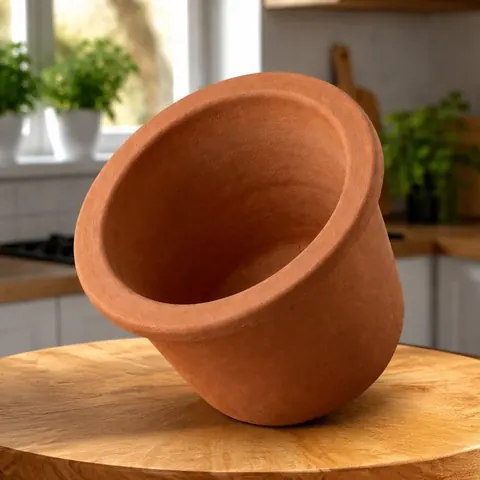 Unidad filtrante de arcilla color terracota sobre una tabla de madera, en una cocina